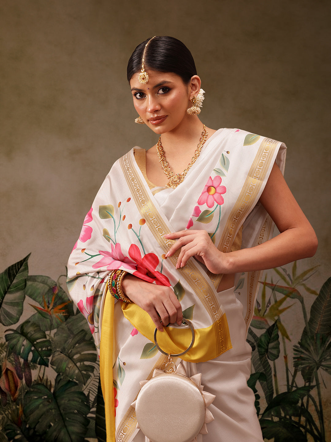 Hiral Fashion Off White Onam Art Silk Floral Digital Print Saree | Swadesiicart