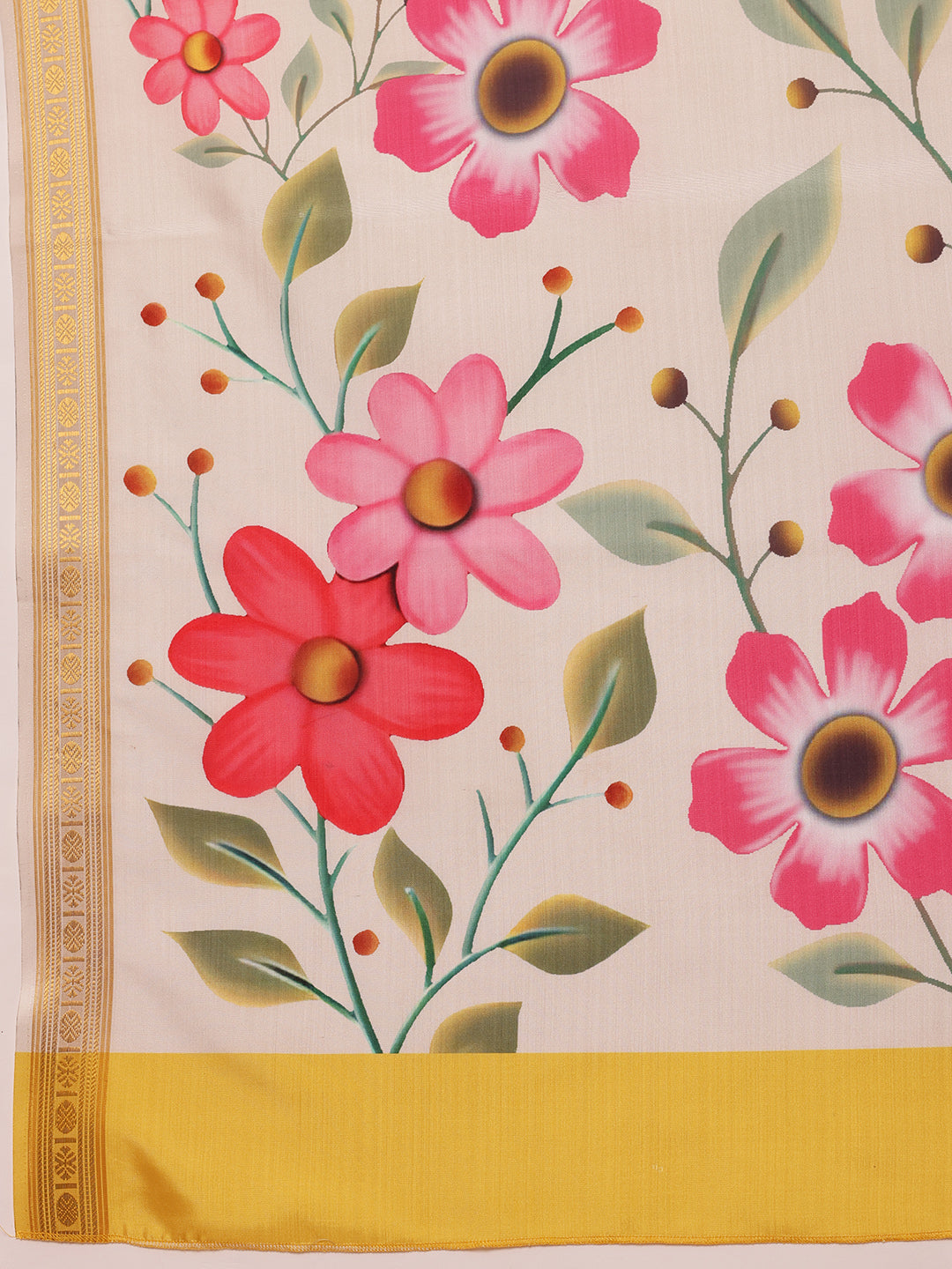 Hiral Fashion Off White Onam Art Silk Floral Digital Print Saree | Swadesiicart