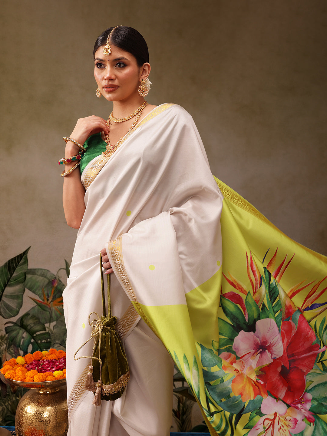 Hiral Fashion White Onam Art Silk Floral Digital Print Saree | Swadesiicart