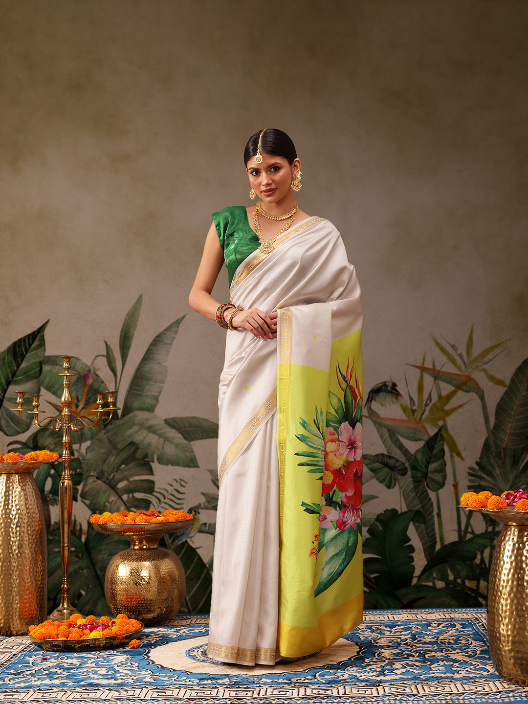 Hiral Fashion White Onam Art Silk Floral Digital Print Saree | Swadesiicart