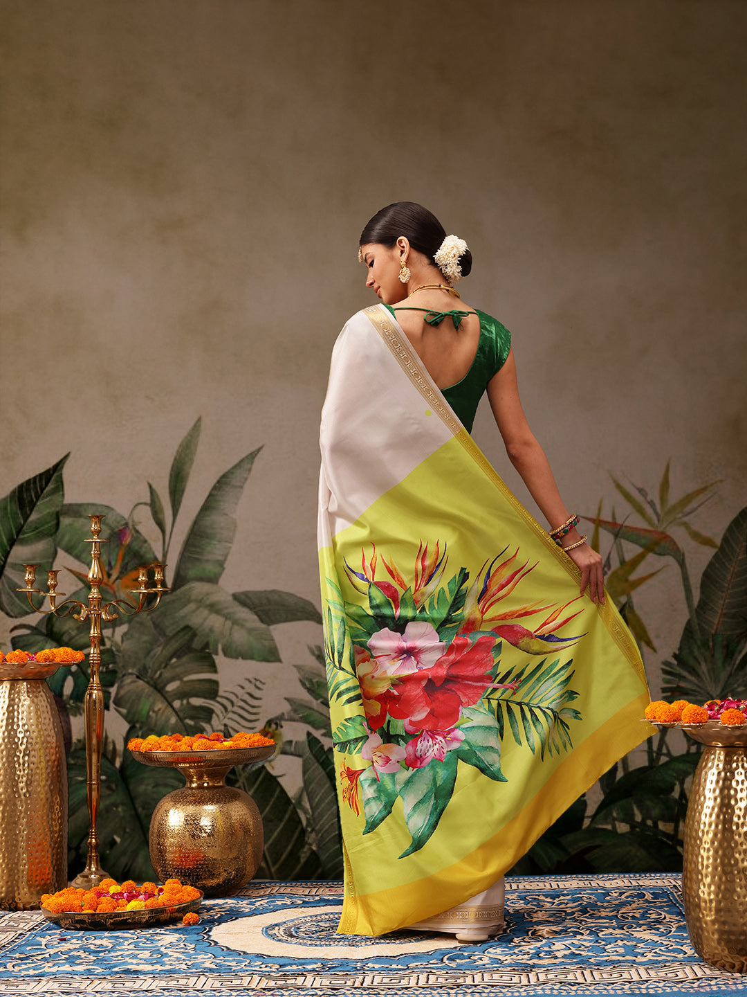 Hiral Fashion White Onam Art Silk Floral Digital Print Saree | Swadesiicart