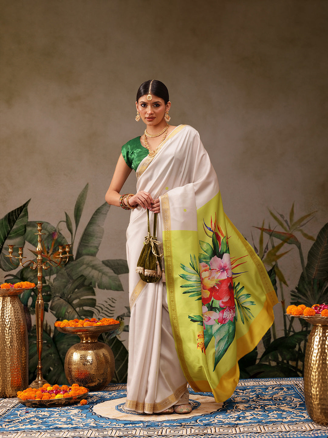 Hiral Fashion White Onam Art Silk Floral Digital Print Saree | Swadesiicart