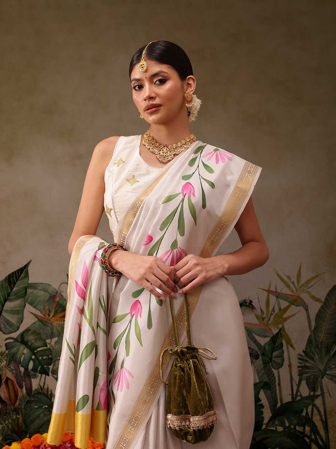 Hiral Fashion Off White Onam Art Silk Floral Digital Print Saree | Swadesiicart