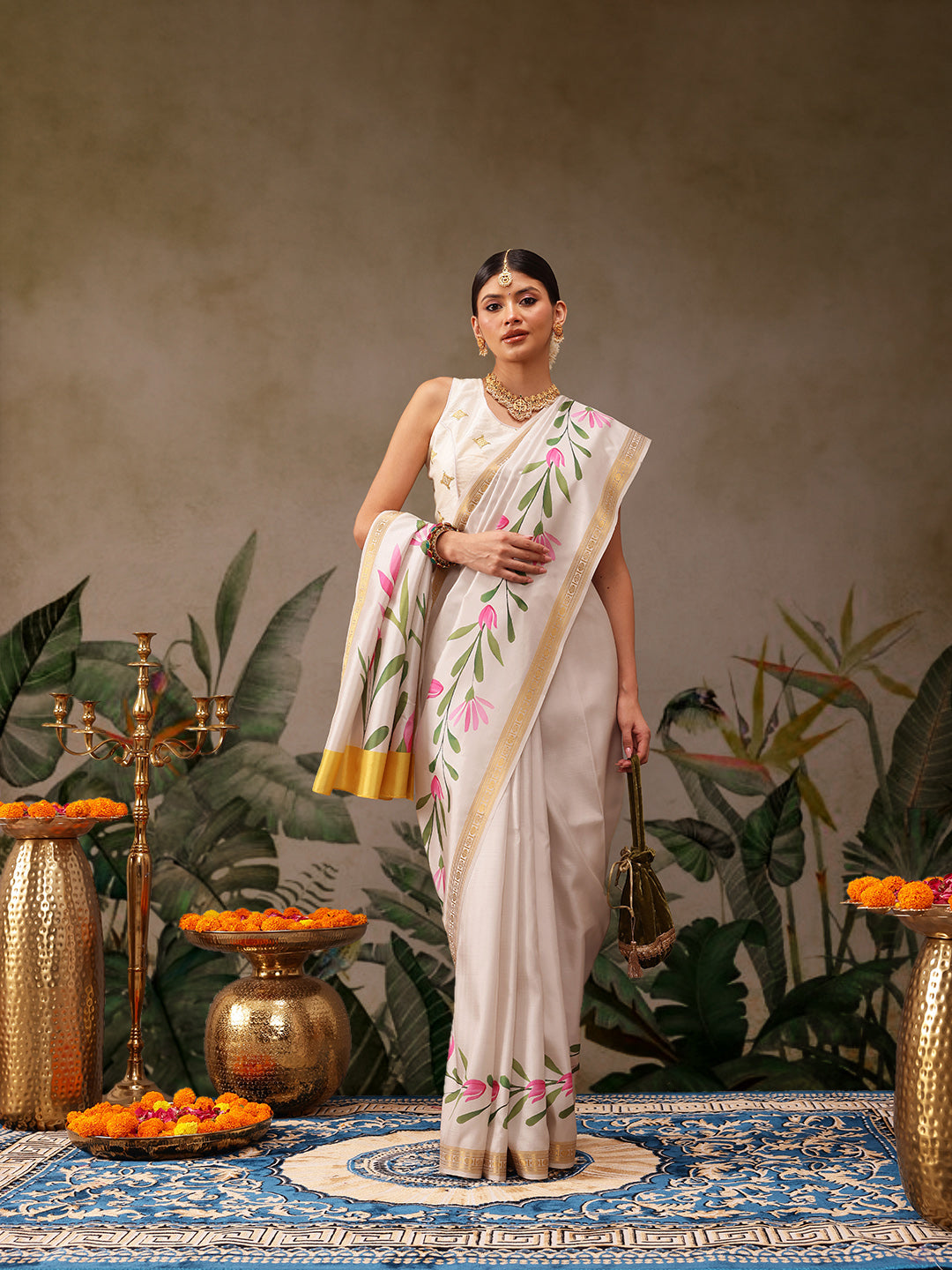 Hiral Fashion Off White Onam Art Silk Floral Digital Print Saree | Swadesiicart