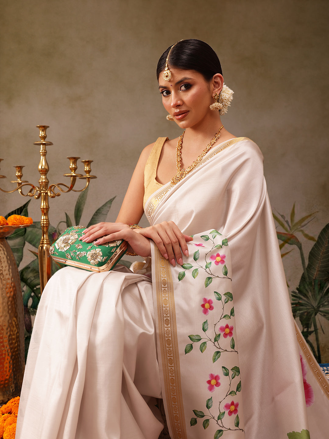 Hiral Fashion White Onam Art Silk Floral Digital Print Saree | Swadesiicart