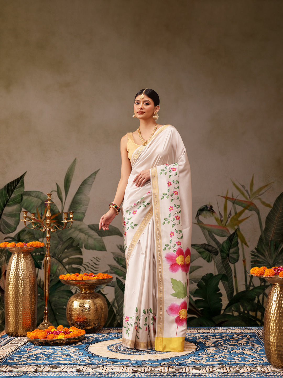 Hiral Fashion White Onam Art Silk Floral Digital Print Saree | Swadesiicart
