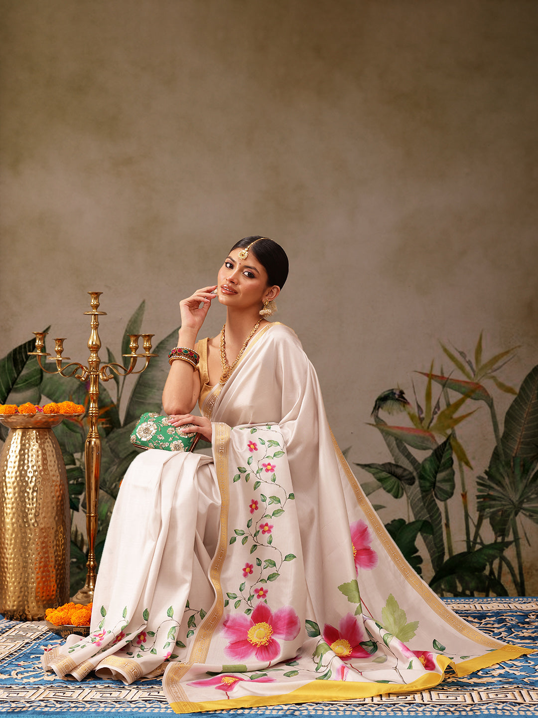Hiral Fashion White Onam Art Silk Floral Digital Print Saree | Swadesiicart