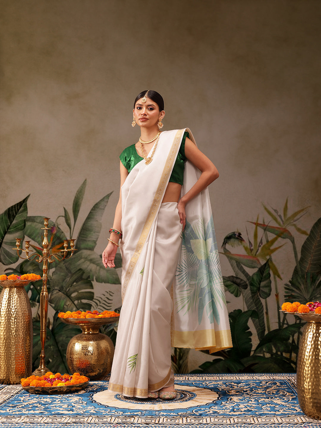 Hiral Fashion Off White Onam Art Silk Floral Digital Print Saree | Swadesiicart