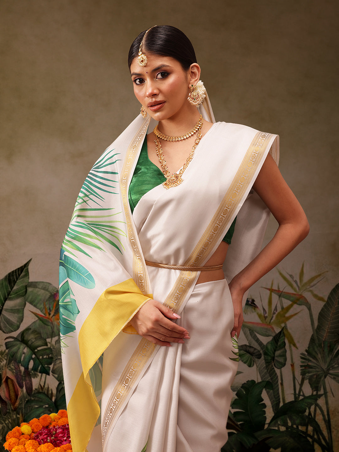 Hiral Fashion Off White Onam Art Silk Floral Digital Print Saree | Swadesiicart
