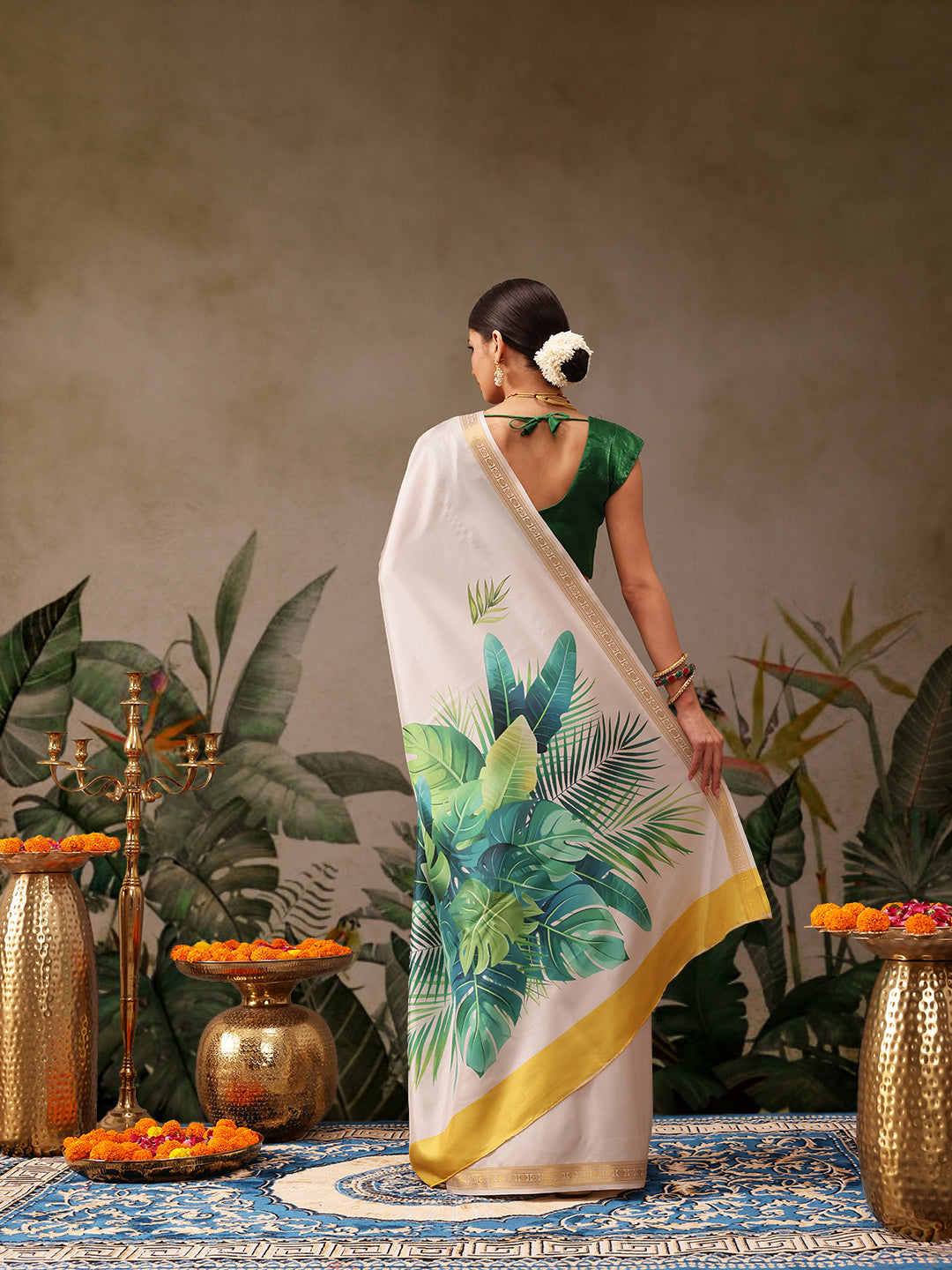 Hiral Fashion Off White Onam Art Silk Floral Digital Print Saree | Swadesiicart