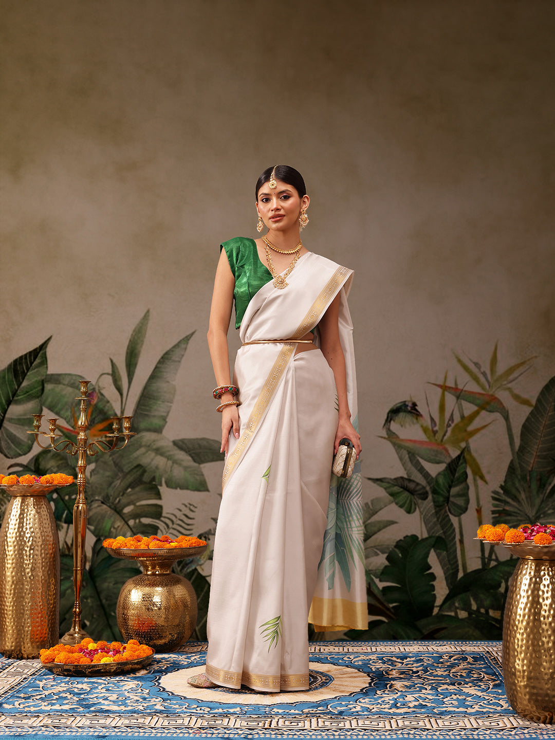 Hiral Fashion Off White Onam Art Silk Floral Digital Print Saree | Swadesiicart