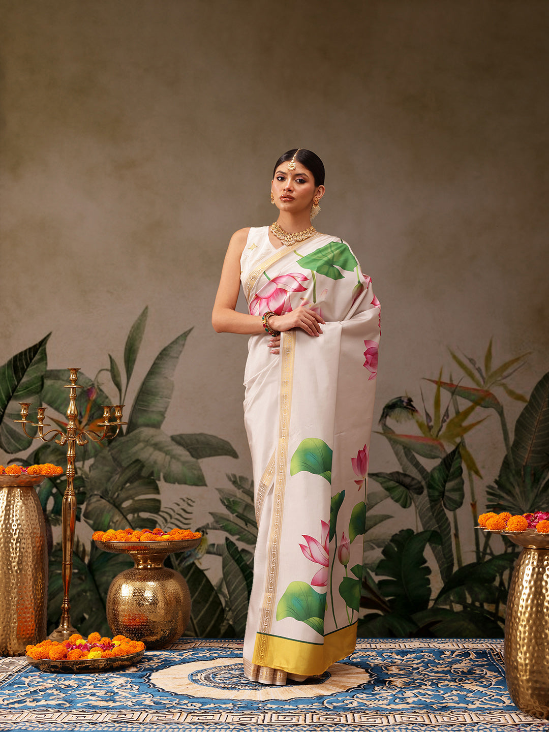 Hiral Fashion White Onam Art Silk Floral Digital Print Saree | Swadesiicart