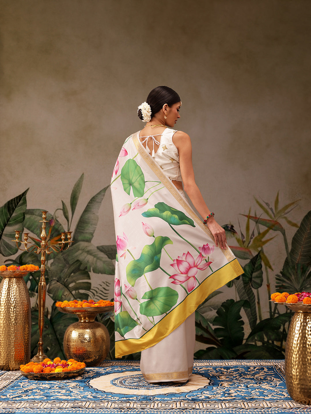 Hiral Fashion White Onam Art Silk Floral Digital Print Saree | Swadesiicart