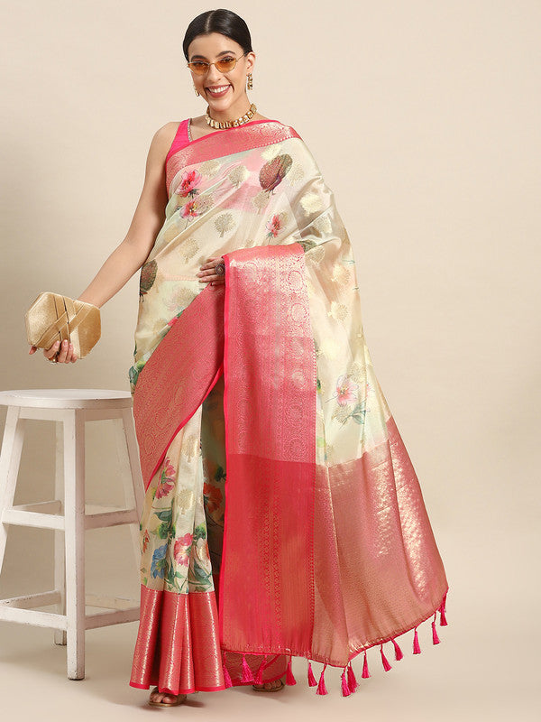 Beige Chanderi Art Silk Printed Floral Saree with Unstitched Blouse - Hiral Fashion | Swadesiicart