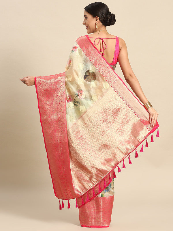 Beige Chanderi Art Silk Printed Floral Saree with Unstitched Blouse - Hiral Fashion | Swadesiicart