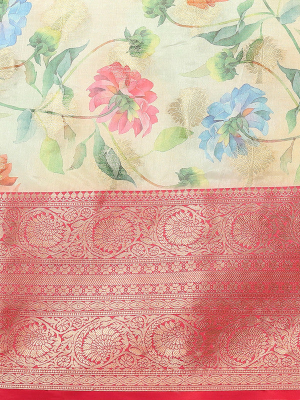 Beige Chanderi Art Silk Printed Floral Saree with Unstitched Blouse - Hiral Fashion | Swadesiicart