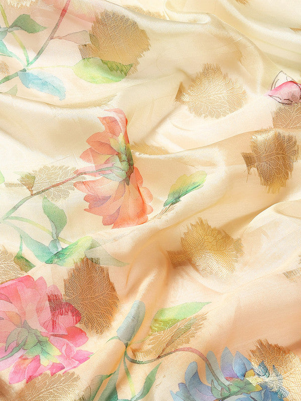Beige Chanderi Art Silk Printed Floral Saree with Unstitched Blouse - Hiral Fashion | Swadesiicart