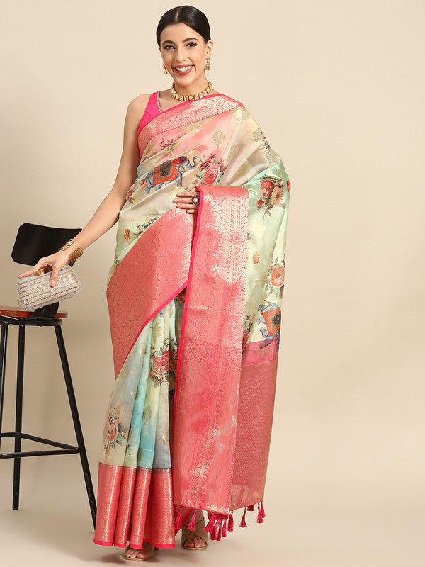 Green Chanderi Art Silk Printed Floral Saree with Unstitched Blouse - Hiral Fashion | Swadesiicart