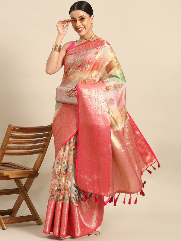 Multicolor Chanderi Art Silk Printed Floral Saree with Unstitched Blouse - Hiral Fashion | Swadesiicart