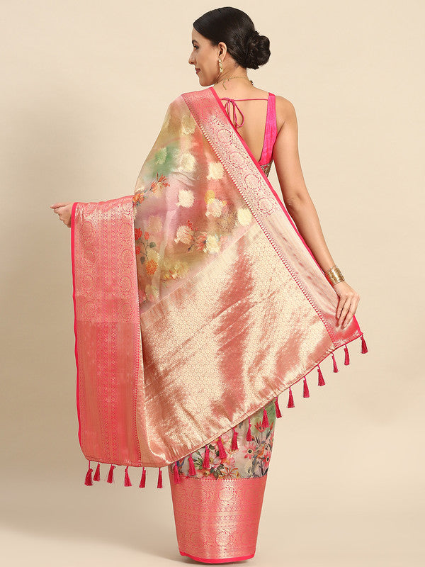 Multicolor Chanderi Art Silk Printed Floral Saree with Unstitched Blouse - Hiral Fashion | Swadesiicart