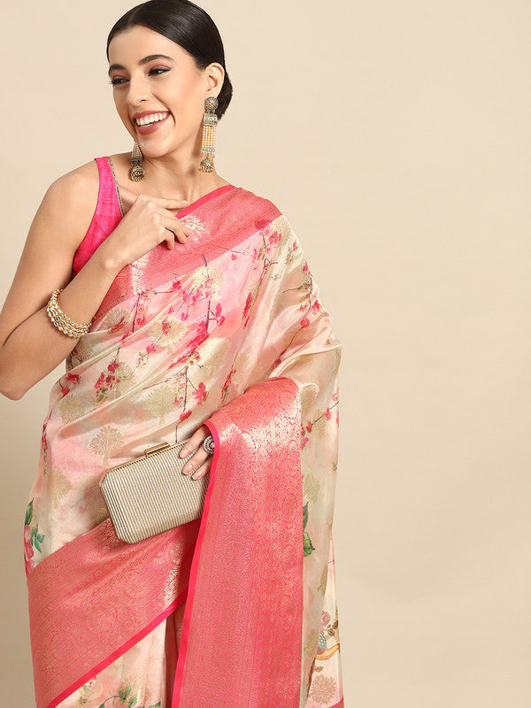 Pink Chanderi Art Silk Printed Floral Saree with Unstitched Blouse - Hiral Fashion | Swadesiicart