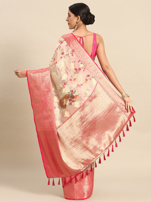 Pink Chanderi Art Silk Printed Floral Saree with Unstitched Blouse - Hiral Fashion | Swadesiicart