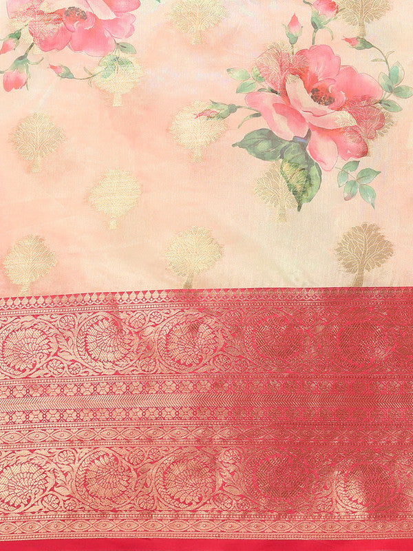 Pink Chanderi Art Silk Printed Floral Saree with Unstitched Blouse - Hiral Fashion | Swadesiicart