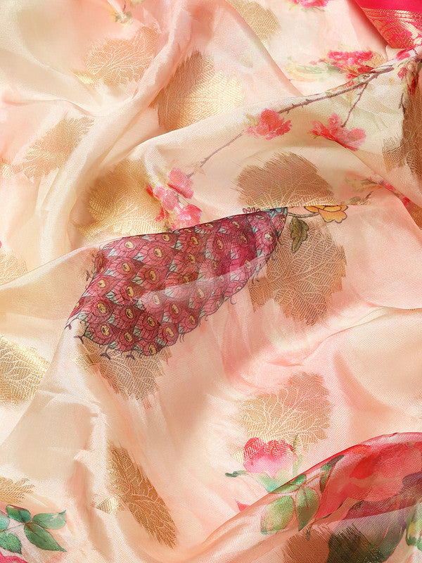 Pink Chanderi Art Silk Printed Floral Saree with Unstitched Blouse - Hiral Fashion | Swadesiicart