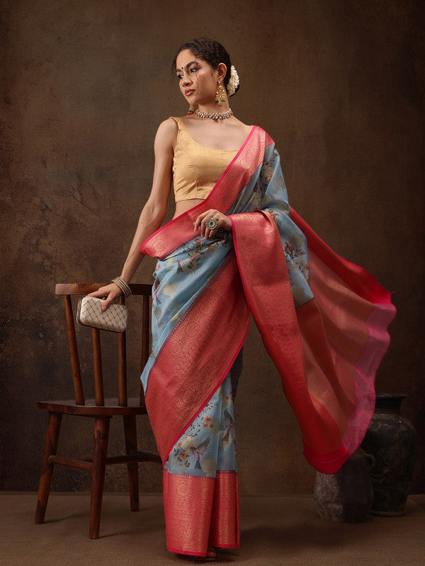 Blue Chanderi Art Silk Digital Print Floral Saree with Unstitched Blouse - Hiral Fashion | Swadesiicart
