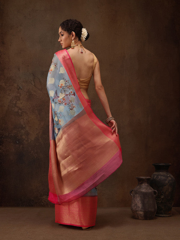 Blue Chanderi Art Silk Digital Print Floral Saree with Unstitched Blouse - Hiral Fashion | Swadesiicart