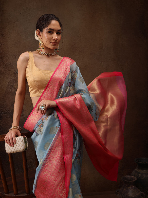 Blue Chanderi Art Silk Digital Print Floral Saree with Unstitched Blouse - Hiral Fashion | Swadesiicart