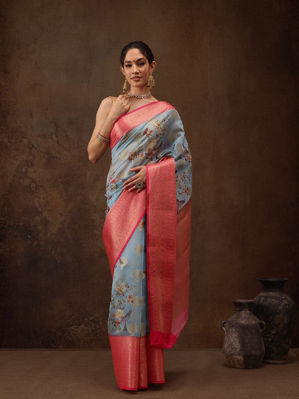 Blue Chanderi Art Silk Digital Print Floral Saree with Unstitched Blouse - Hiral Fashion | Swadesiicart