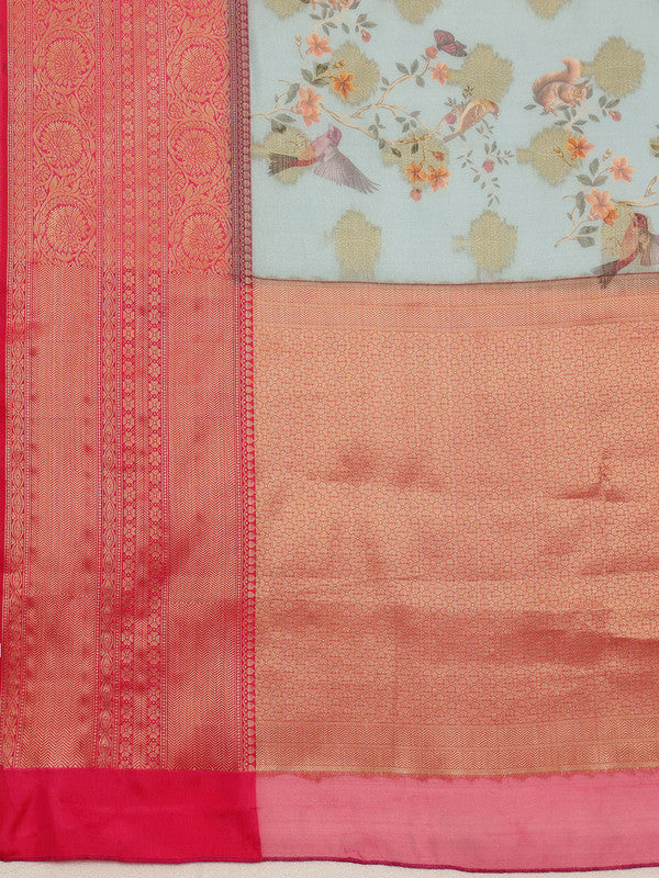 Blue Chanderi Art Silk Digital Print Floral Saree with Unstitched Blouse - Hiral Fashion | Swadesiicart