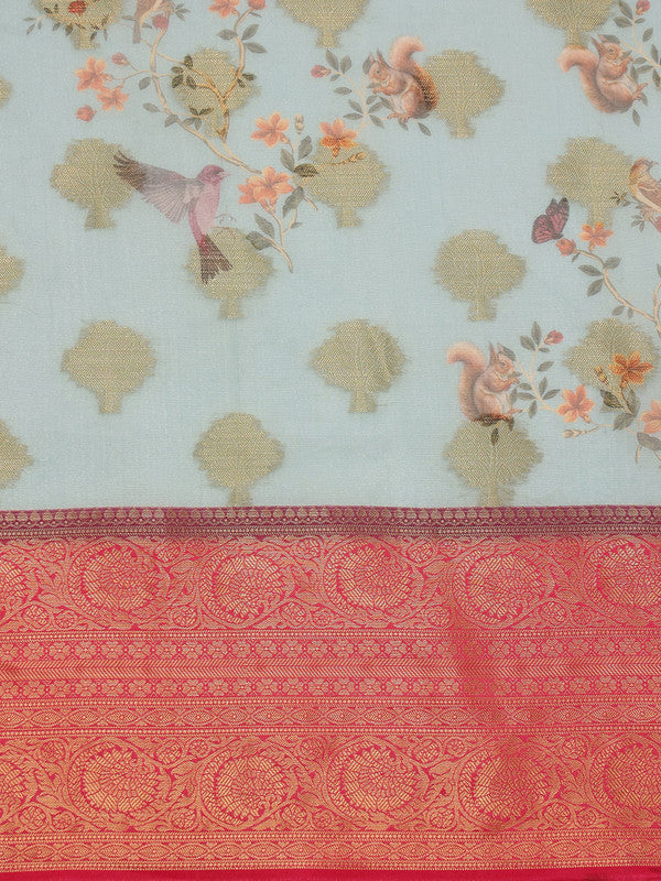 Blue Chanderi Art Silk Digital Print Floral Saree with Unstitched Blouse - Hiral Fashion | Swadesiicart