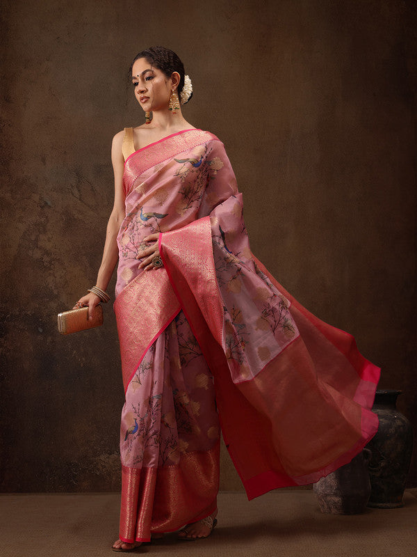 Light Pink Chanderi Art Silk Digital Print Floral Saree with Unstitched Blouse - Hiral Fashion | Swadesiicart