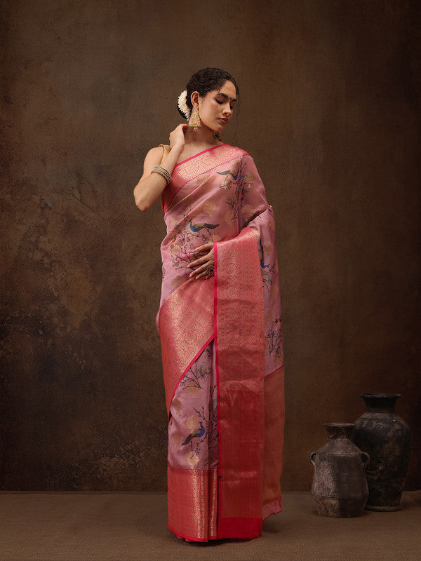 Light Pink Chanderi Art Silk Digital Print Floral Saree with Unstitched Blouse - Hiral Fashion | Swadesiicart