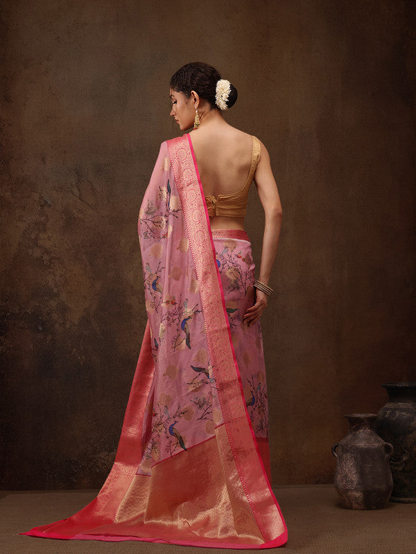Light Pink Chanderi Art Silk Digital Print Floral Saree with Unstitched Blouse - Hiral Fashion | Swadesiicart