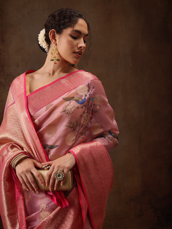 Light Pink Chanderi Art Silk Digital Print Floral Saree with Unstitched Blouse - Hiral Fashion | Swadesiicart