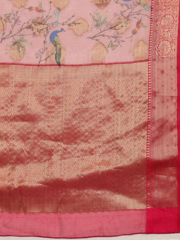 Light Pink Chanderi Art Silk Digital Print Floral Saree with Unstitched Blouse - Hiral Fashion | Swadesiicart