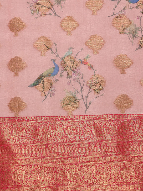 Light Pink Chanderi Art Silk Digital Print Floral Saree with Unstitched Blouse - Hiral Fashion | Swadesiicart