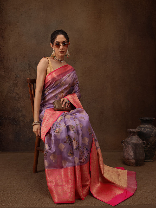 Lavender Chanderi Art Silk Digital Print Floral Saree with Unstitched Blouse - Hiral Fashion | Swadesiicart