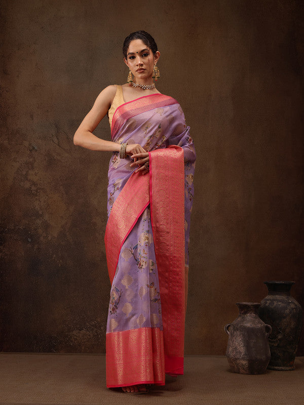 Lavender Chanderi Art Silk Digital Print Floral Saree with Unstitched Blouse - Hiral Fashion | Swadesiicart