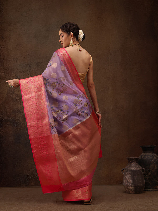 Lavender Chanderi Art Silk Digital Print Floral Saree with Unstitched Blouse - Hiral Fashion | Swadesiicart
