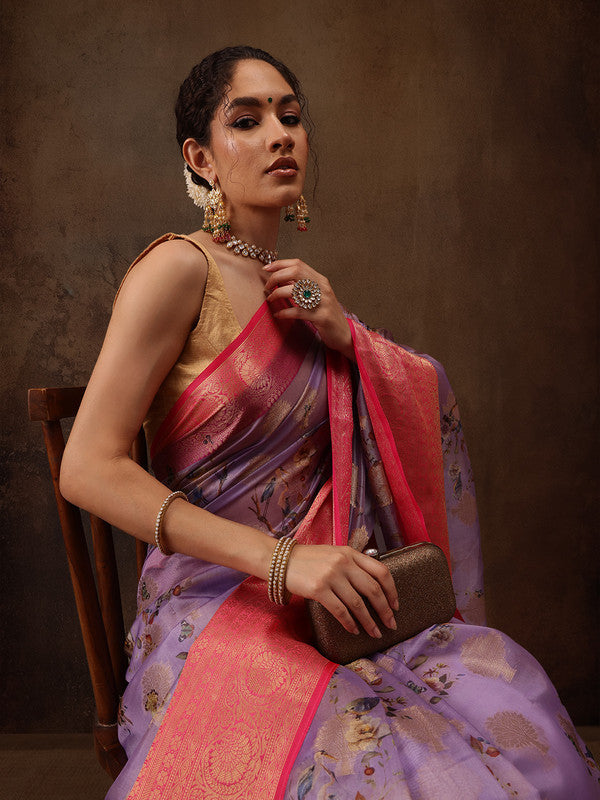 Lavender Chanderi Art Silk Digital Print Floral Saree with Unstitched Blouse - Hiral Fashion | Swadesiicart