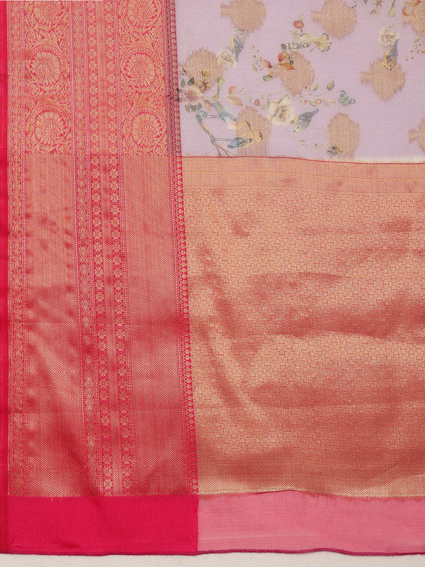 Lavender Chanderi Art Silk Digital Print Floral Saree with Unstitched Blouse - Hiral Fashion | Swadesiicart