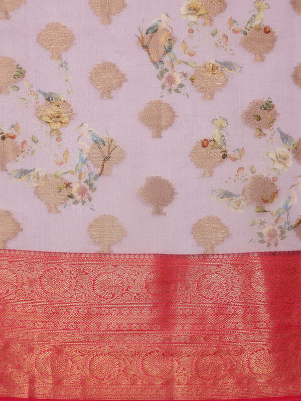 Lavender Chanderi Art Silk Digital Print Floral Saree with Unstitched Blouse - Hiral Fashion | Swadesiicart