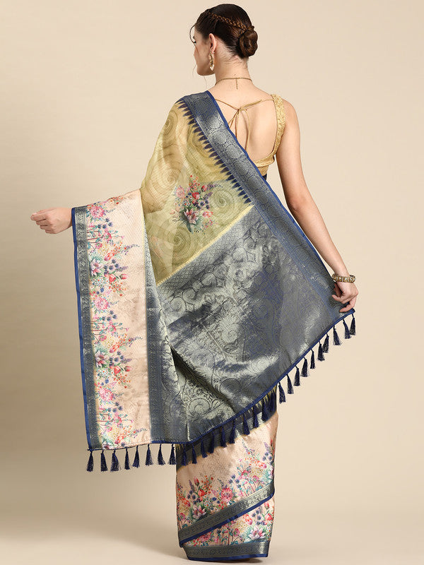 Olive Kanjeevaram Silk Digital Print Floral Saree with Unstitched Blouse - Hiral Fashion | Swadesiicart