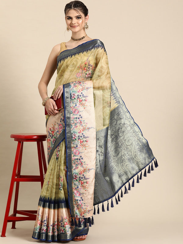 Olive Kanjeevaram Silk Digital Print Floral Saree with Unstitched Blouse - Hiral Fashion | Swadesiicart
