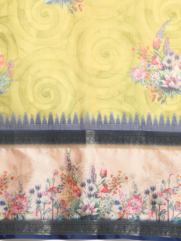 Olive Kanjeevaram Silk Digital Print Floral Saree with Unstitched Blouse - Hiral Fashion | Swadesiicart