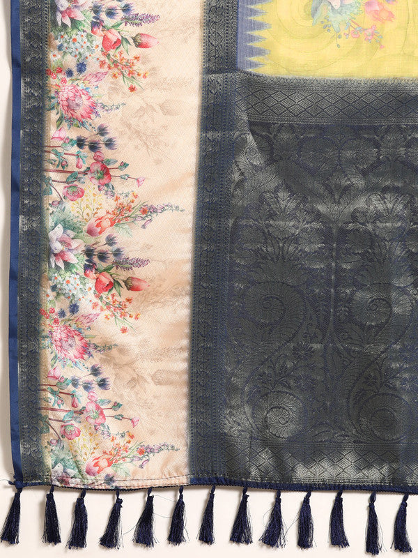 Olive Kanjeevaram Silk Digital Print Floral Saree with Unstitched Blouse - Hiral Fashion | Swadesiicart